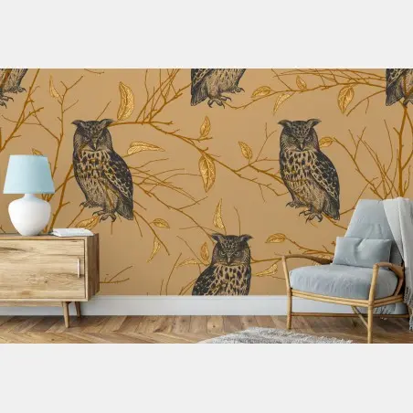 Papier peint hiboux nocturnes sur branches dorées – Wallnifity®