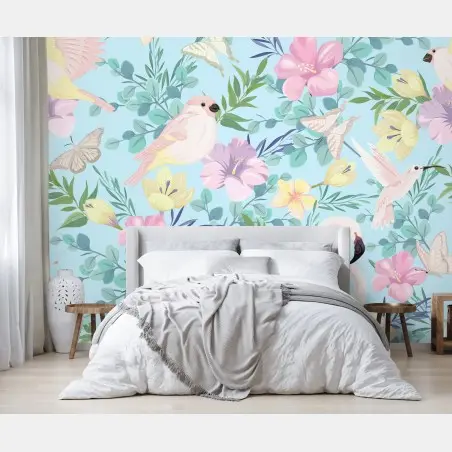 Papier peint jungle pastel au flamant rose et aux colibris – Wallnifity®