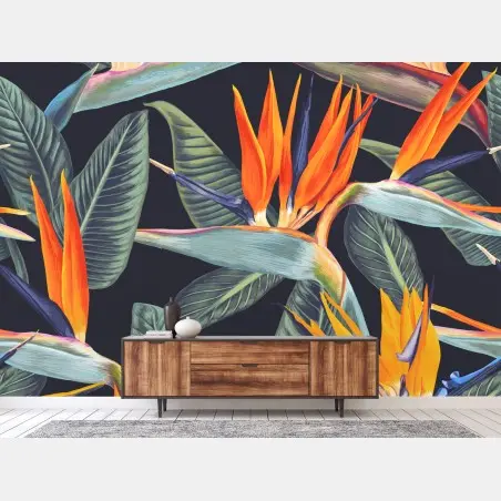 Papier peint motif tropical oiseau de paradis sur fond sombre – Wallnifity®