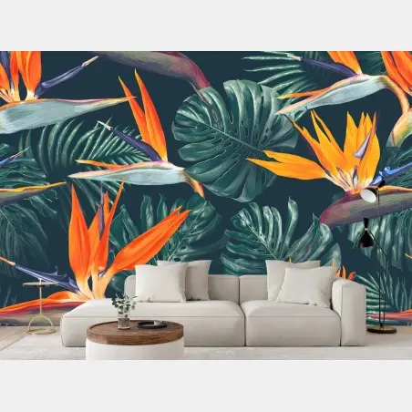 Papier peint motif tropical d'oiseaux-de-paradis et feuilles monstera – Wallnifity®