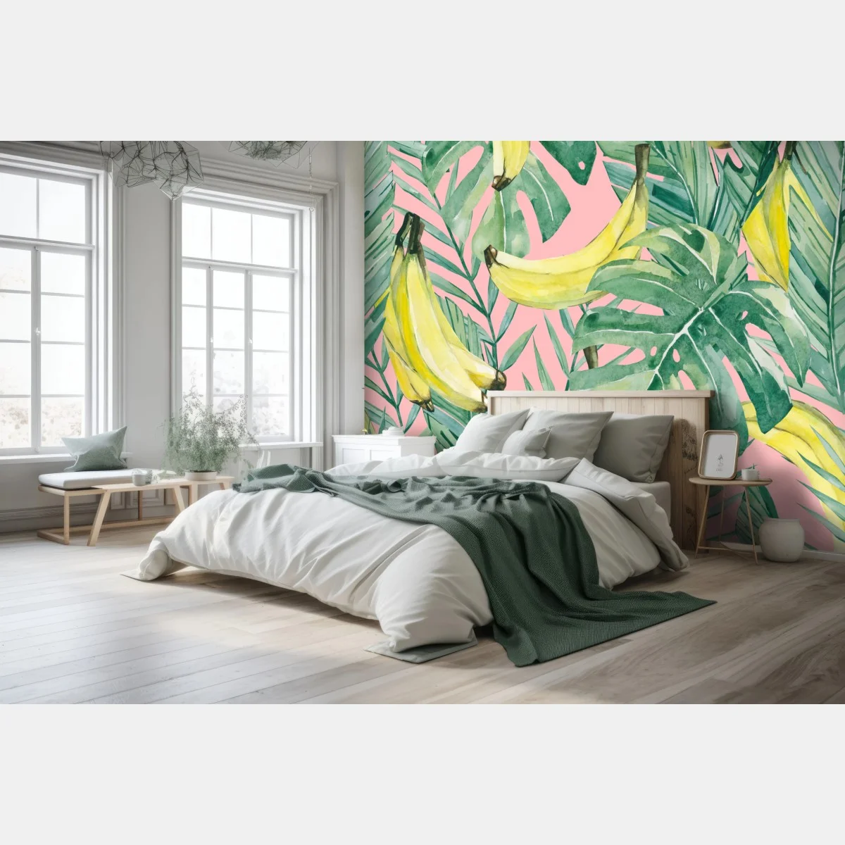 Papier peint motif tropical bananes et feuilles aquarelle sur fond rose – Wallnifity® Papier peint motif tropical bananes et feuilles aquarelle sur fond rose – Wallnifity®