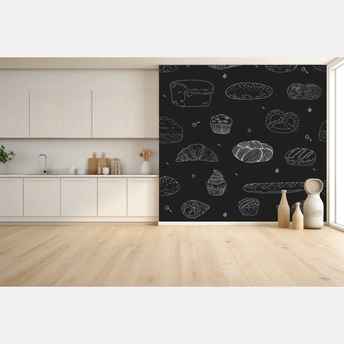 Papier peint motif pâtisseries au trait blanc sur fond noir – Wallnifity® Papier peint motif pâtisseries au trait blanc sur fond noir – Wallnifity®