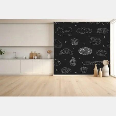 Papier peint motif pâtisseries au trait blanc sur fond noir – Wallnifity®