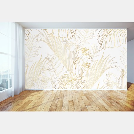 Papier peint motif botanique doré sur fond blanc – Wallnifity®
