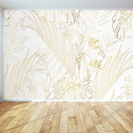 De fins contours dorés de feuilles tropicales se superposent sur un fond blanc.