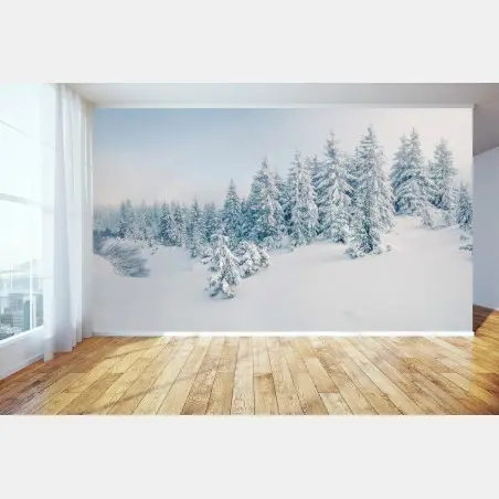 Papier peint refuge hivernal au milieu des sapins – Wallnifity®