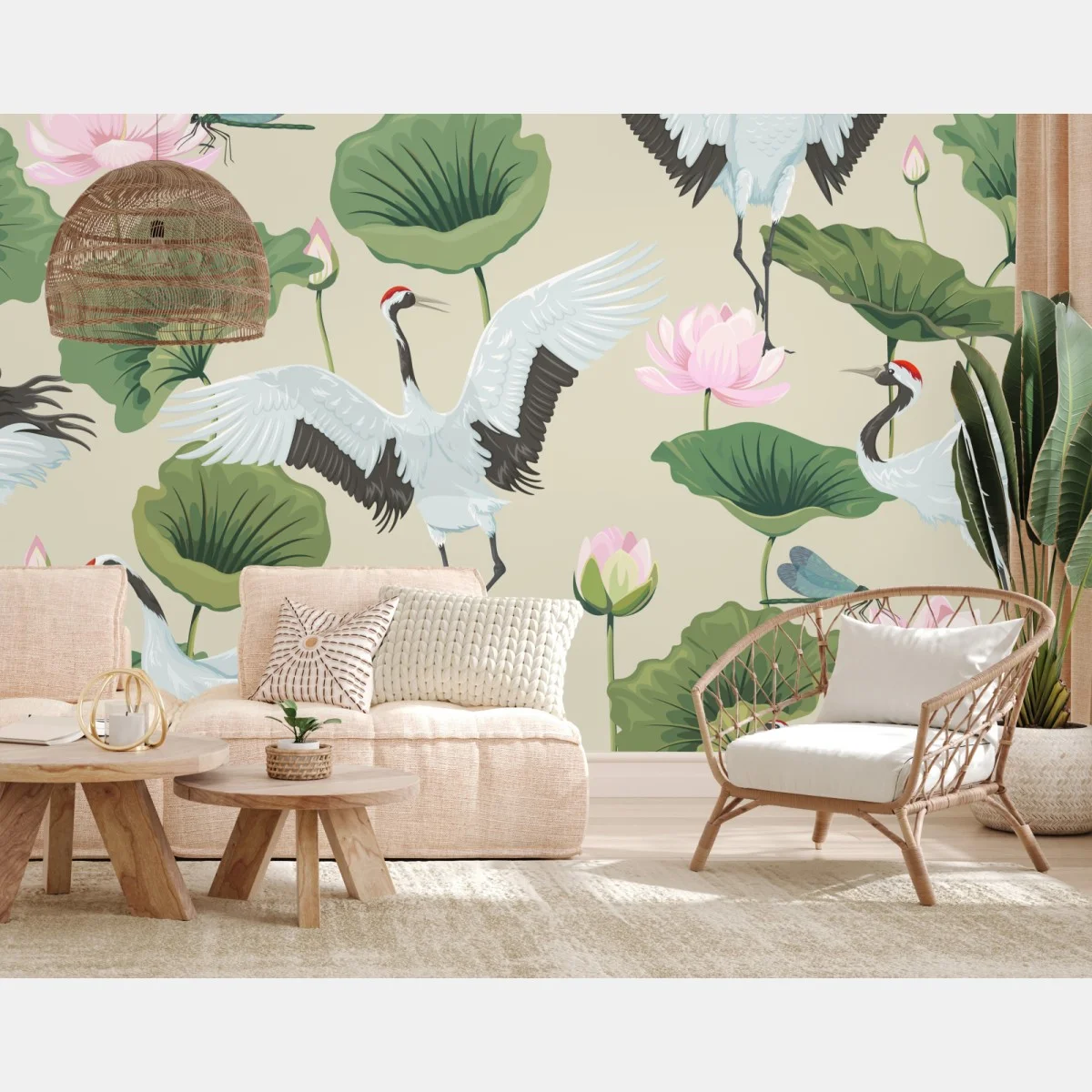 Papier peint motif gracieux de grues et lotus – Wallnifity® Papier peint motif gracieux de grues et lotus – Wallnifity®