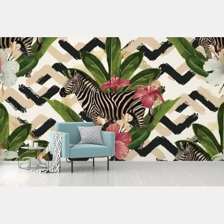 Papier peint motif tropical vintage zèbres et hibiscus – Wallnifity®