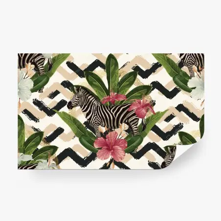 Papier peint motif tropical vintage zèbres et hibiscus – Wallnifity®