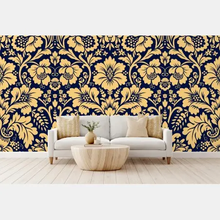 Papier peint motif floral damassé bleu marine et or – Wallnifity®