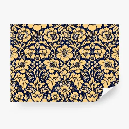 Papier peint motif floral damassé bleu marine et or – Wallnifity®