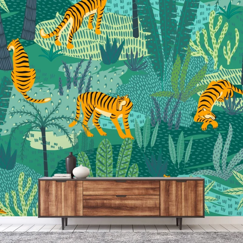 Papier peint scène de jungle aux tigres stylisés – Wallnifity® Papier peint scène de jungle aux tigres stylisés – Wallnifity®