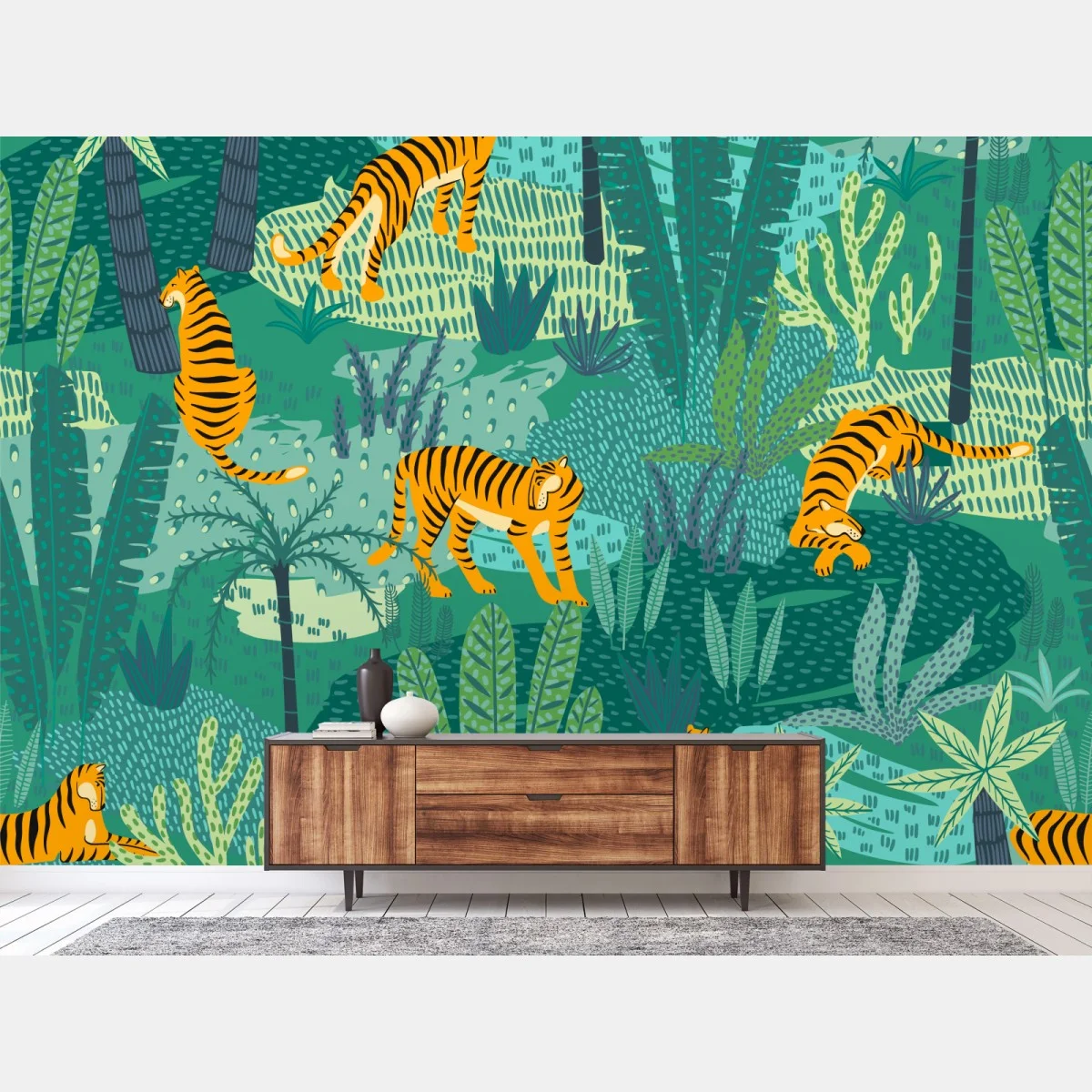 Papier peint scène de jungle aux tigres stylisés – Wallnifity® Papier peint scène de jungle aux tigres stylisés – Wallnifity®