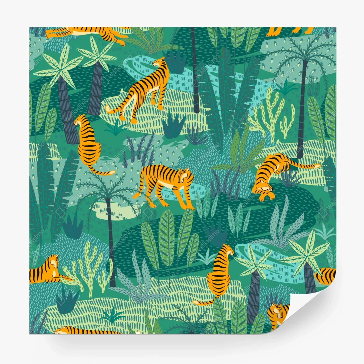 Papier peint scène de jungle aux tigres stylisés – Wallnifity® Papier peint scène de jungle aux tigres stylisés – Wallnifity®