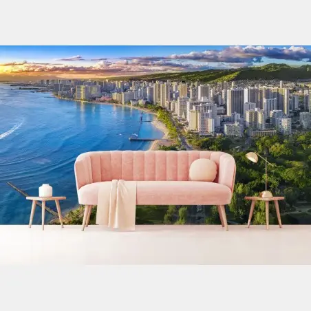 Papier peint paysage côtier urbain de Waikiki au coucher du soleil – Wallnifity®