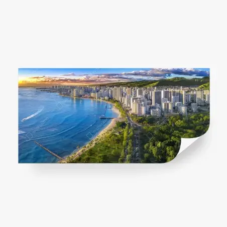 Papier peint paysage côtier urbain de Waikiki au coucher du soleil – Wallnifity®