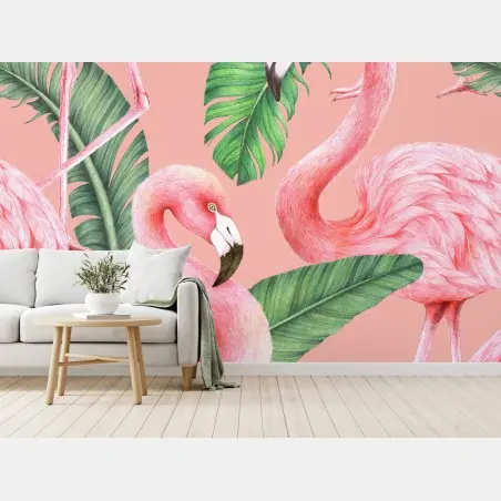 Papier peint motif flamants roses et feuilles tropicales – Wallnifity®