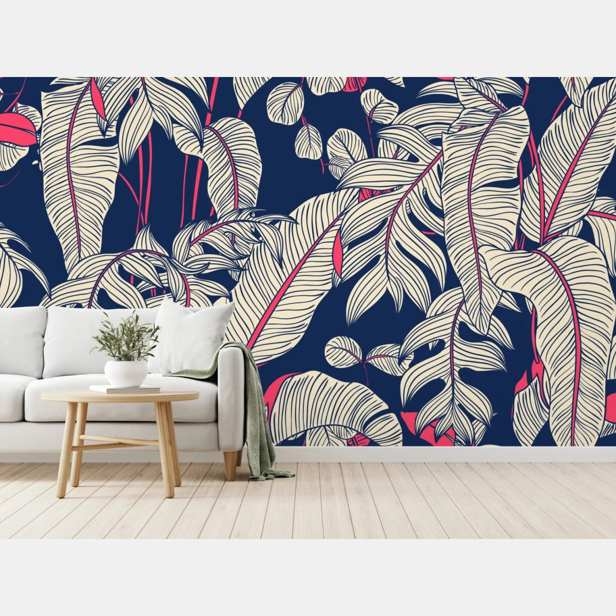 Papier peint feuillage tropical graphique bleu nuit et corail – Wallnifity® Papier peint feuillage tropical graphique bleu nuit et corail – Wallnifity®