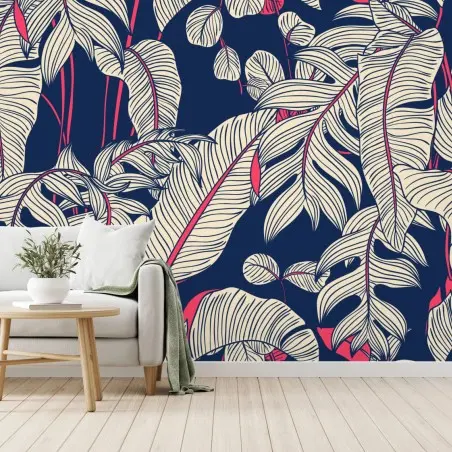Papier peint feuillage tropical graphique bleu nuit et corail – Wallnifity®
