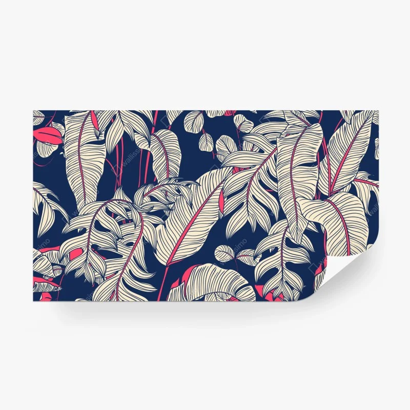 Papier peint feuillage tropical graphique bleu nuit et corail – Wallnifity® Papier peint feuillage tropical graphique bleu nuit et corail – Wallnifity®