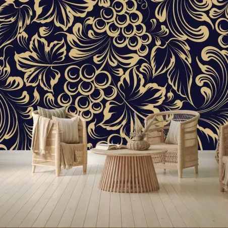 Papier peint motif baroque de vigne et raisins dorés – Wallnifity®
