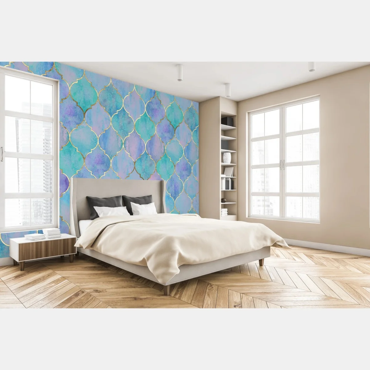 Papier peint motif arabesque aquarelle bleu et or – Wallnifity® Papier peint motif arabesque aquarelle bleu et or – Wallnifity®