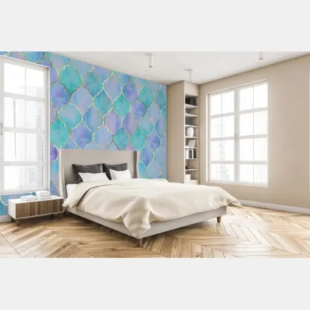 Papier peint motif arabesque aquarelle bleu et or – Wallnifity®