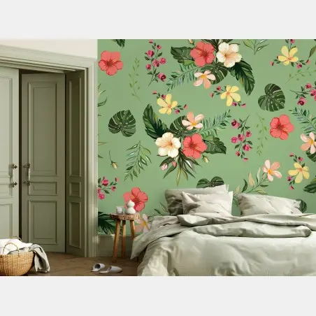 Papier peint motif tropical fleuri sur fond vert – Wallnifity®