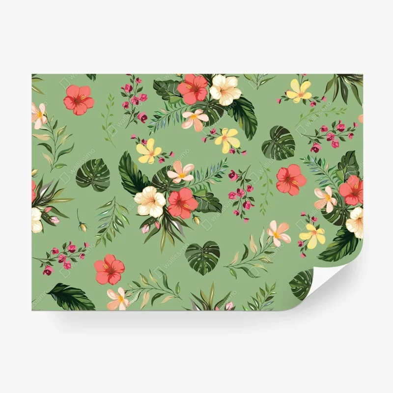 Papier peint motif tropical fleuri sur fond vert – Wallnifity®