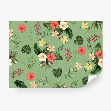 Papier peint motif tropical fleuri sur fond vert – Wallnifity®