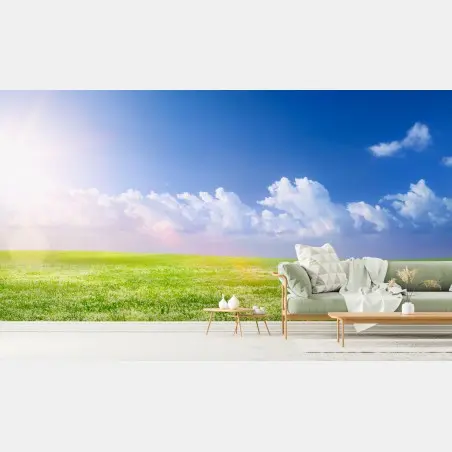 Papier peint horizon printanier sous ciel bleu – Wallnifity®