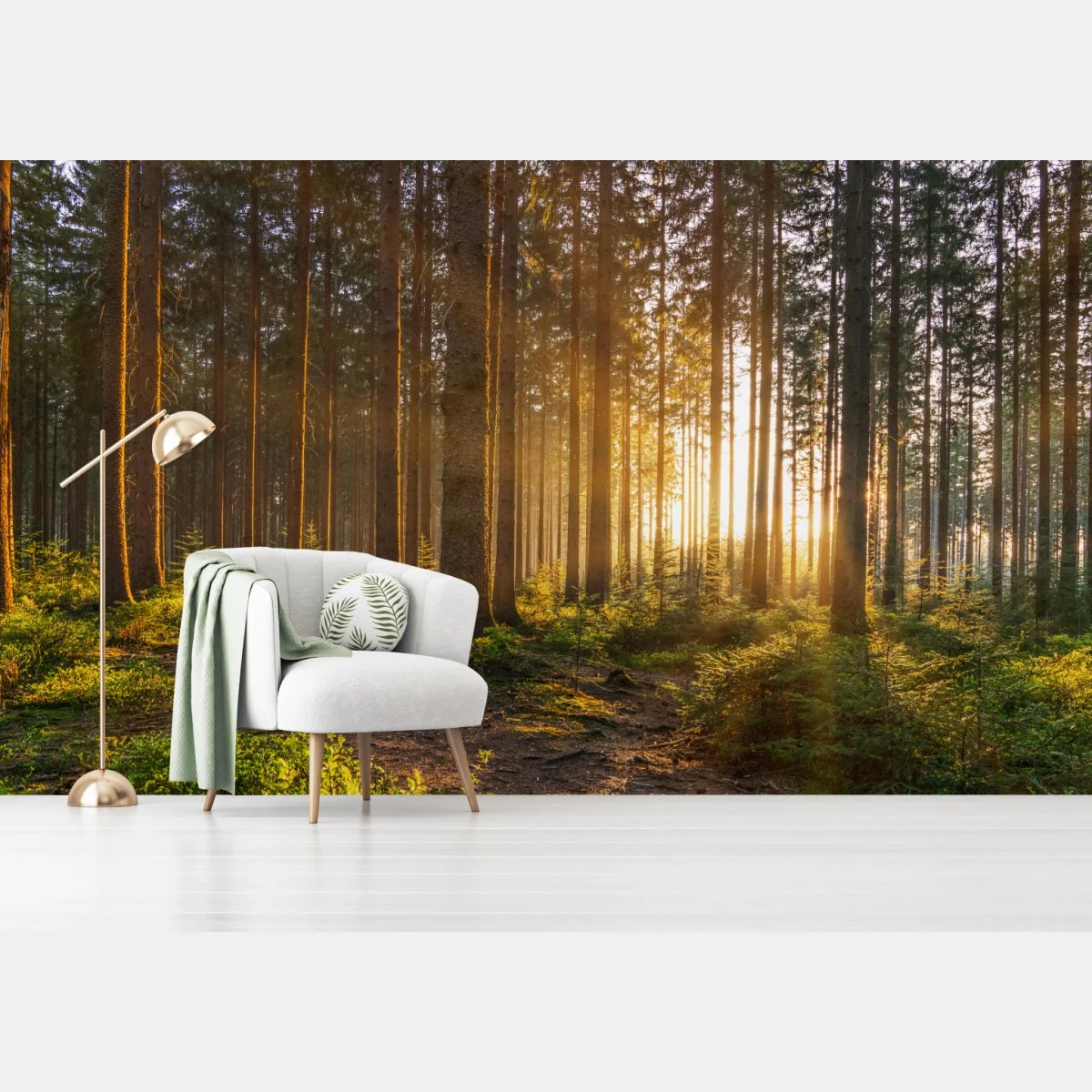 Papier peint forêt silencieuse aux rayons dorés – Wallnifity® Papier peint forêt silencieuse aux rayons dorés – Wallnifity®