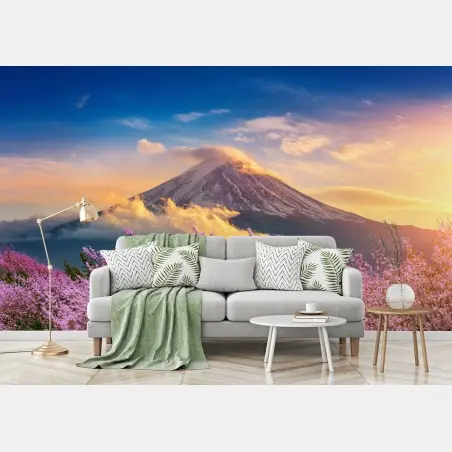 Papier peint lever du soleil sur le Mont Fuji et cerisiers en fleurs – Wallnifity®