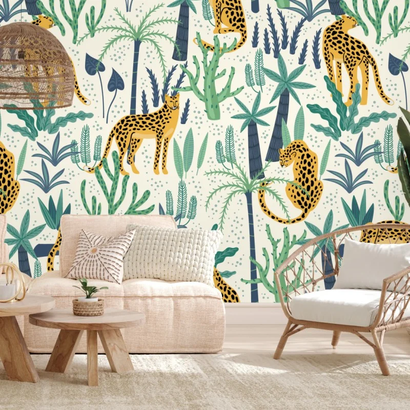 Papier peint motif tropical guépards et palmiers – Wallnifity® Papier peint motif tropical guépards et palmiers – Wallnifity®