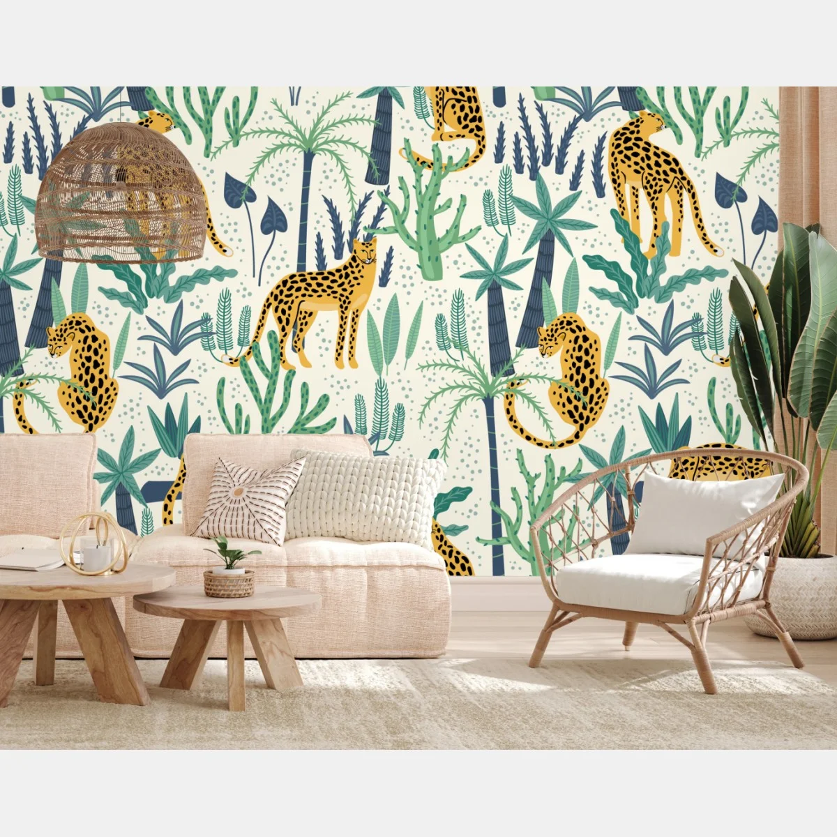 Papier peint motif tropical guépards et palmiers – Wallnifity® Papier peint motif tropical guépards et palmiers – Wallnifity®