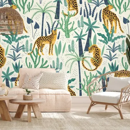 Papier peint motif tropical guépards et palmiers – Wallnifity®