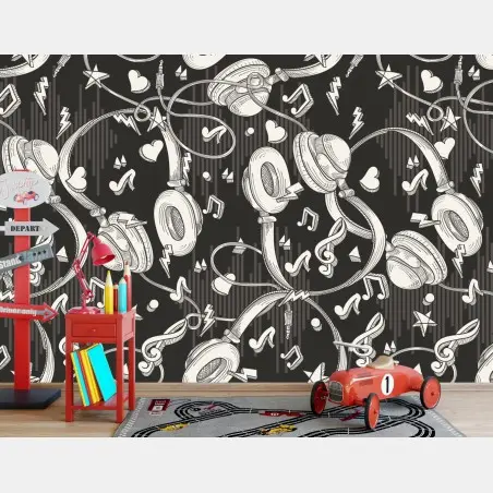 Papier peint motif casque audio et notes de musique en monochrome – Wallnifity®