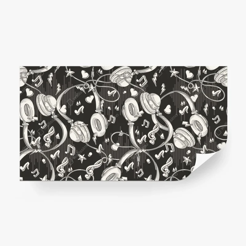 Papier peint motif casque audio et notes de musique en monochrome – Wallnifity®