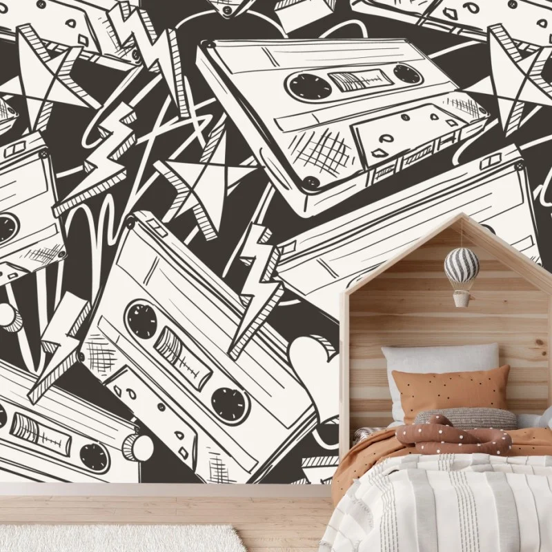 Papier peint ambiance rétro cassettes et croquis noir et blanc – Wallnifity®