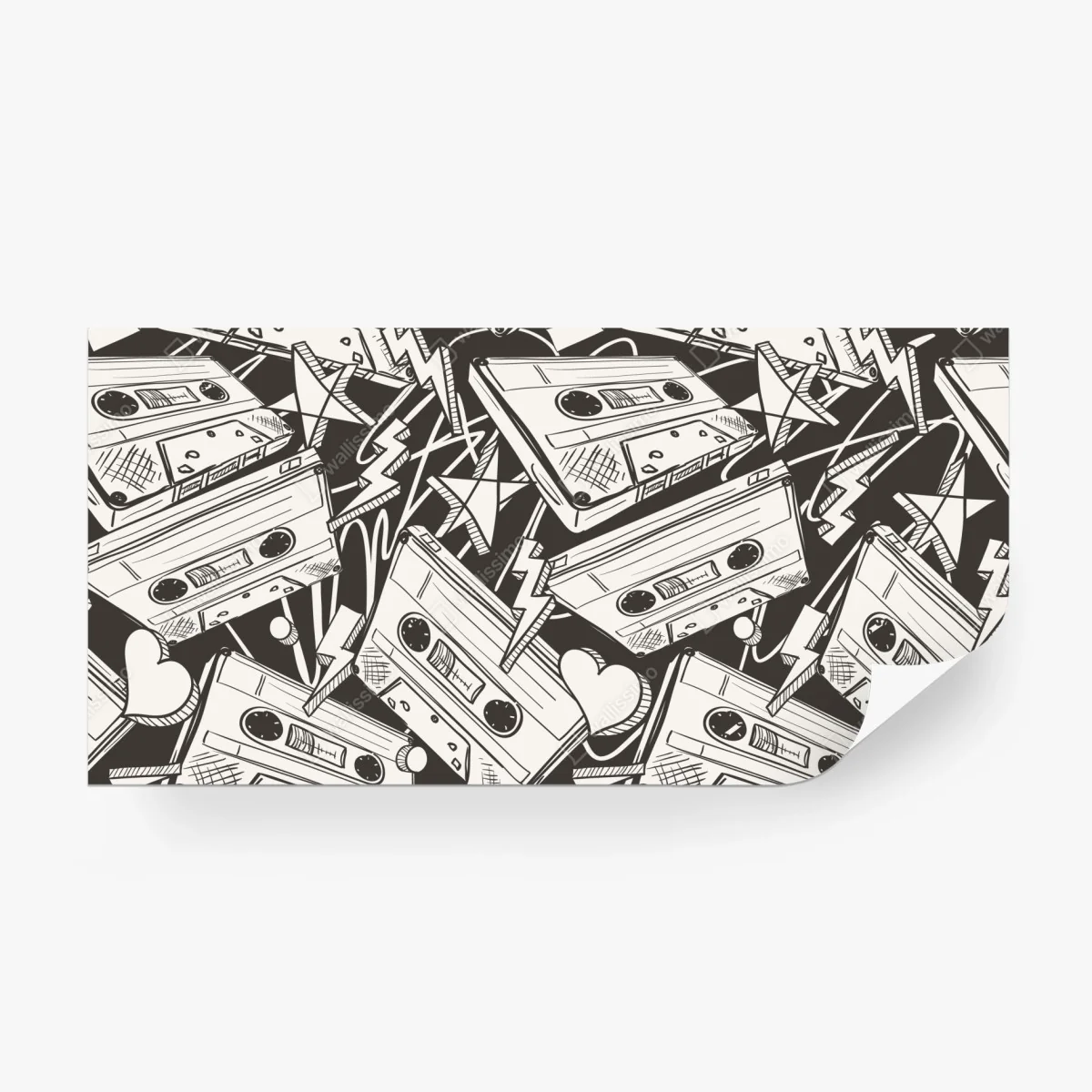 Papier peint ambiance rétro cassettes et croquis noir et blanc – Wallnifity®
