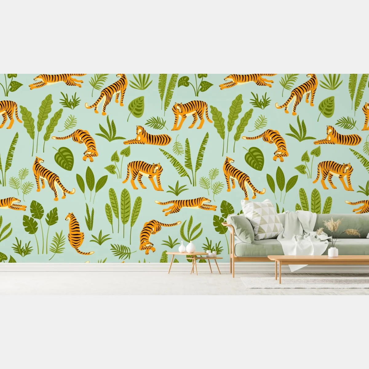 Papier peint jungle graphique aux tigres et feuillages – Wallnifity® Papier peint jungle graphique aux tigres et feuillages – Wallnifity®
