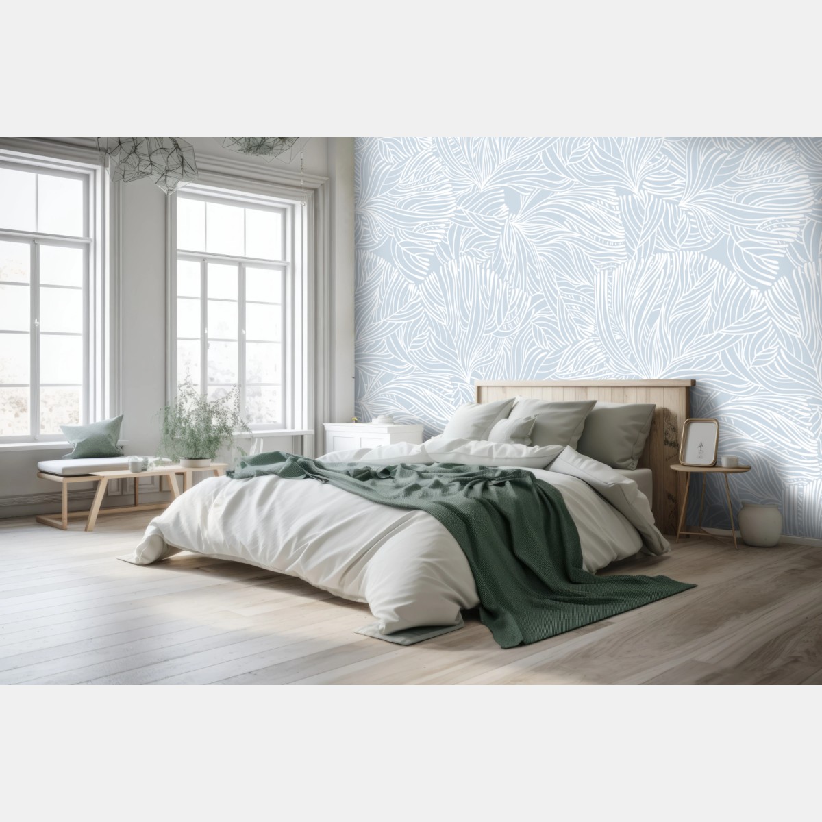 Papier peint motif floral linéaire bleu pastel – Wallnifity®