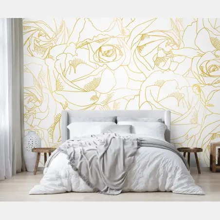 Papier peint roses dorées en motif au trait – Wallnifity®