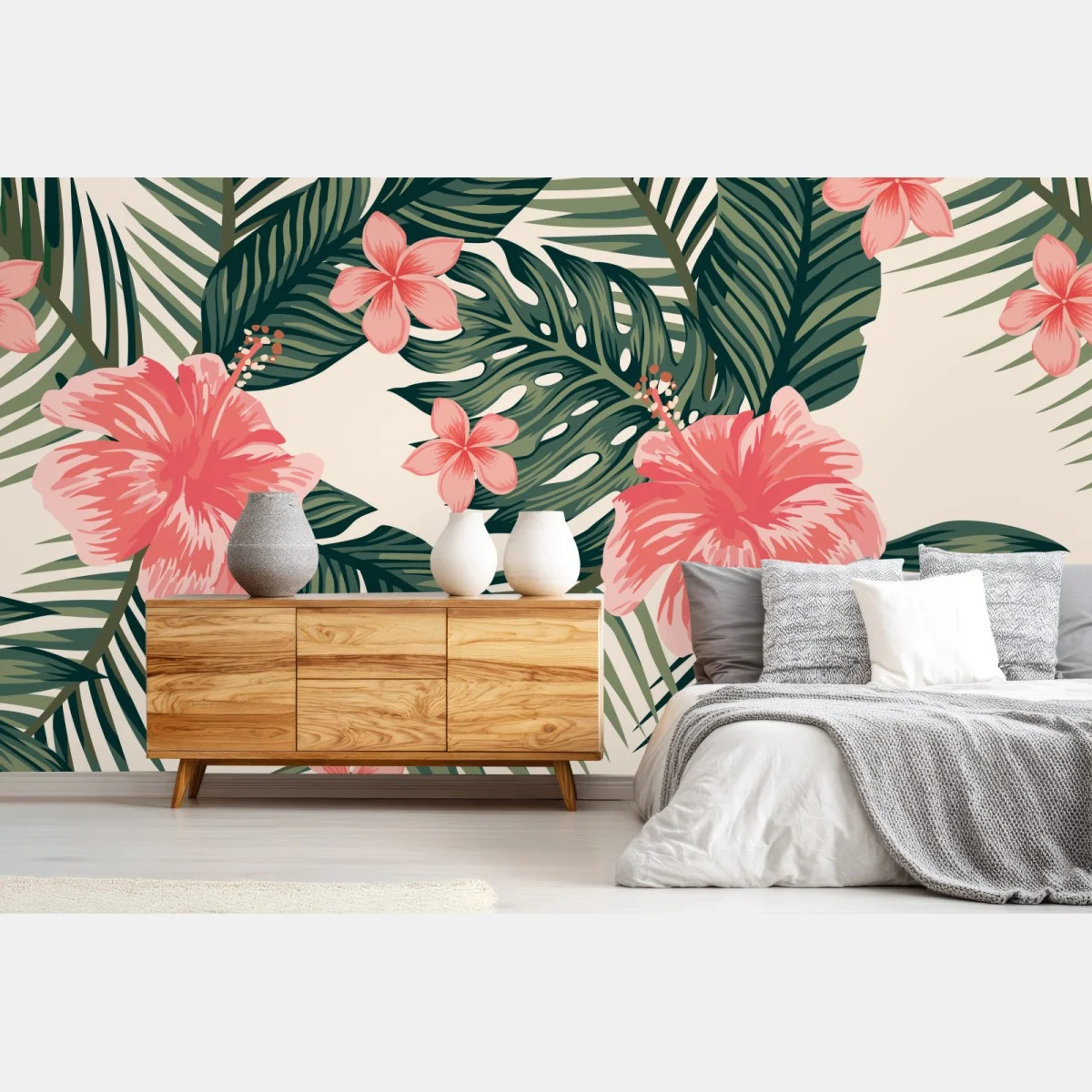 Papier peint motif tropical hibiscus corail et feuillage vert – Wallnifity® Papier peint motif tropical hibiscus corail et feuillage vert – Wallnifity®
