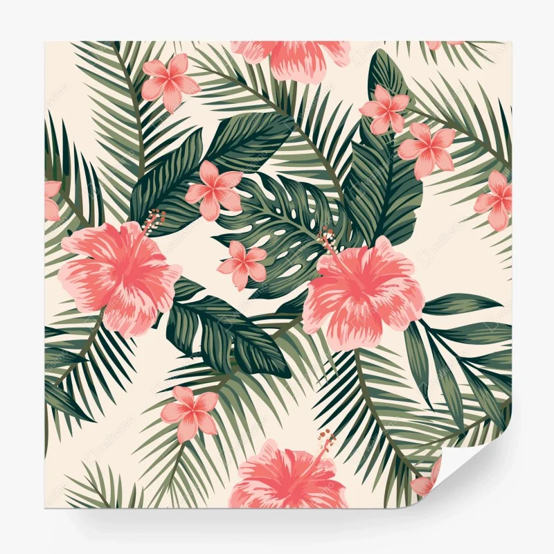 Papier peint motif tropical hibiscus corail et feuillage vert – Wallnifity® Papier peint motif tropical hibiscus corail et feuillage vert – Wallnifity®