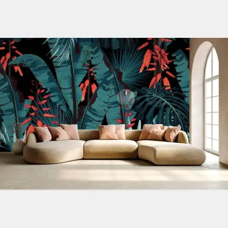 Papier peint jungle tropicale nocturne aux fleurs rouges – Wallnifity®