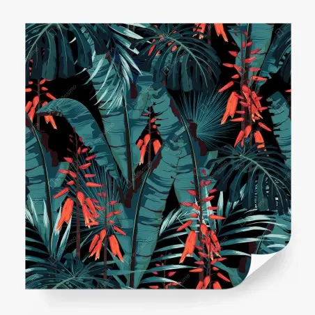 Papier peint jungle tropicale nocturne aux fleurs rouges – Wallnifity®
