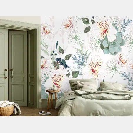 Papier peint motif floral pastel aux succulentes et fleurs blanches – Wallnifity®