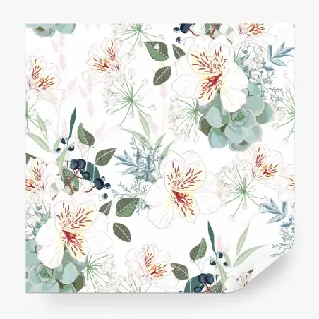Papier peint motif floral pastel aux succulentes et fleurs blanches – Wallnifity®