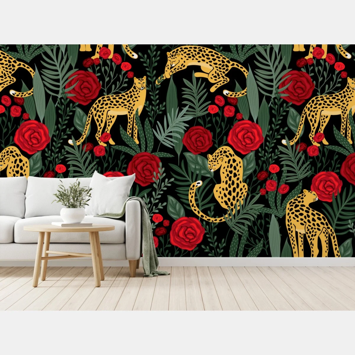 Papier peint jungle élégante de léopards et roses – Wallnifity® Papier peint jungle élégante de léopards et roses – Wallnifity®